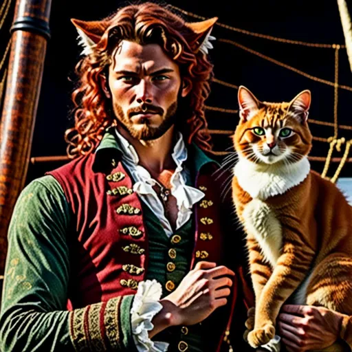 Prompt: <mymodel> Full body view of Rugged Man with human face and cat ears in 1600's Schooner Advertisement, matching cat ears to hair color, extremely detailed, intricate clothing, high quality, intricate, historical, detailed hair, detailed ship in background