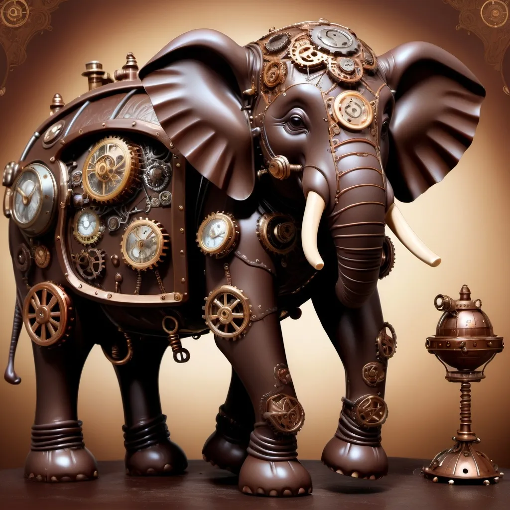 Prompt: Steampunk chocolate elephant with rider, (artstyle: steampunk), (color palette: dark colors), intricate mechanical designs, whimsical elements, vintage yet futuristic vibes, playful ambiance, detailed textures and patterns on the elephant's skin, subtle metallic features blending with creamy chocolate tones, dreamy and imaginative background to enhance the playful theme, (highly detailed), (4K resolution).