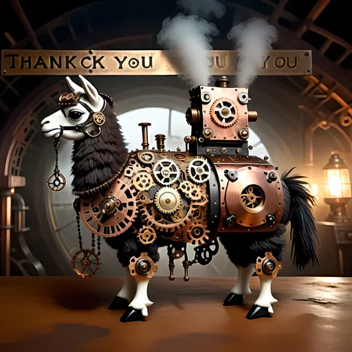 Prompt: (steampunk llama), dark color scheme, intricate mechanical details, vivid brass and copper accents, wearing a (thank you sign) around its neck, embellished with gears and cogs, atmospheric background with fog and dim lighting, immersive steampunk ambiance, high quality, ultra-detailed, enhances the peculiar charm of this whimsical creature.