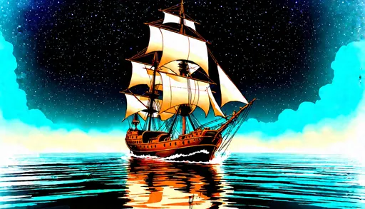 Prompt: (retro-futurism), (three masted sailing ship clear body), (traveling swiftly) across a (an ocean of stars), (sails full of wind), serene and tranquil atmosphere, (cool color scheme with shades of blue and teal), , vibrant reflections, ultra-detailed, cinematic lighting, creating a dreamlike scene that captivates the viewer.