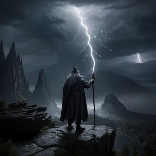 Prompt: (photorealistic) fantasy scene, (dramatic lighting), wizened old wizard with a pointed hat, long flowing robes, standing on a rocky mountainside, calling down lightning with his staff, (dark color scheme), mystical ambiance, swirling clouds overhead, electric energy in the air, high detail, ultra-detailed, capturing an epic moment with a sense of power, wonder, and magic.