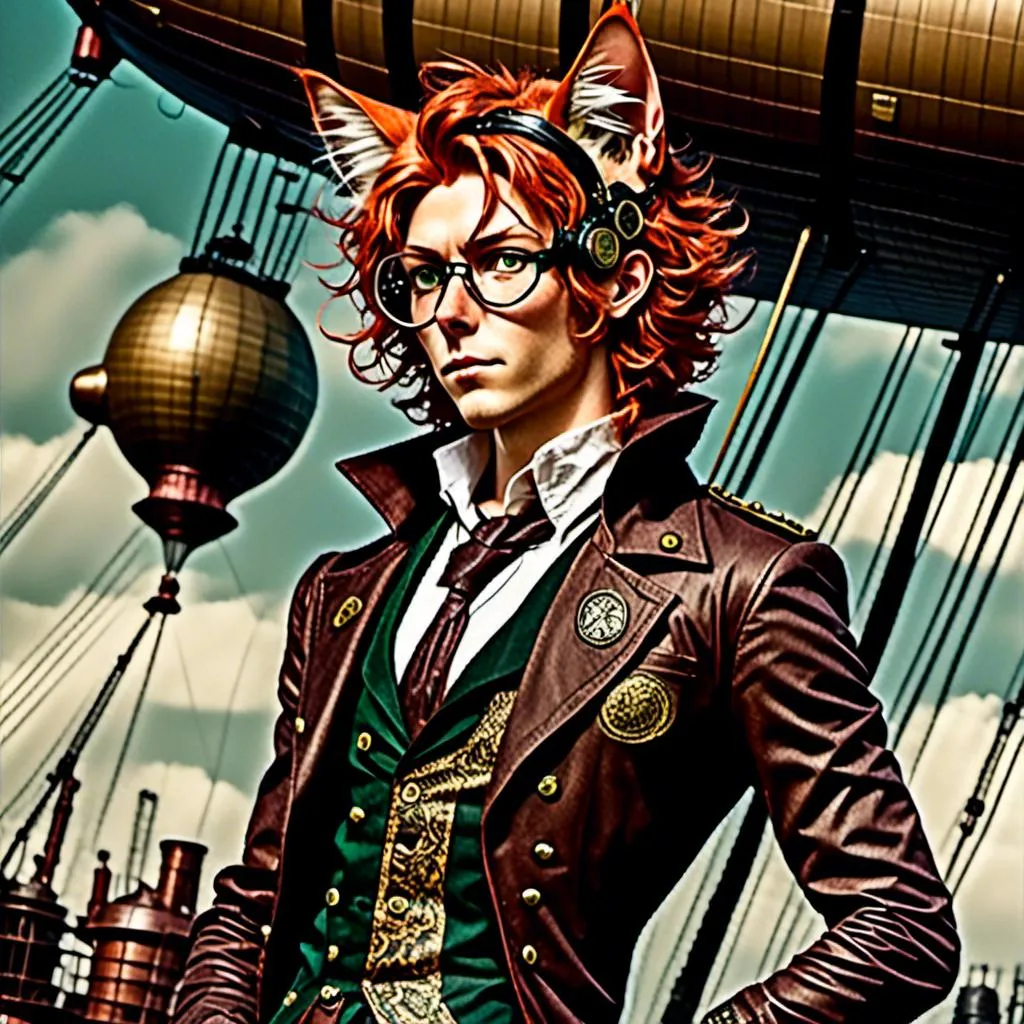 Prompt: <mymodel>Full body view of Rugged Man with human face with goggles and cat ears, Dirigible Advertisement, matching cat ears to hair color, extremely detailed, intricate clothing, high quality, intricate, historical, detailed hair, detailed Blimp in background, artstyle-steampunk, detailed eyes, atmospheric lighting, vintage