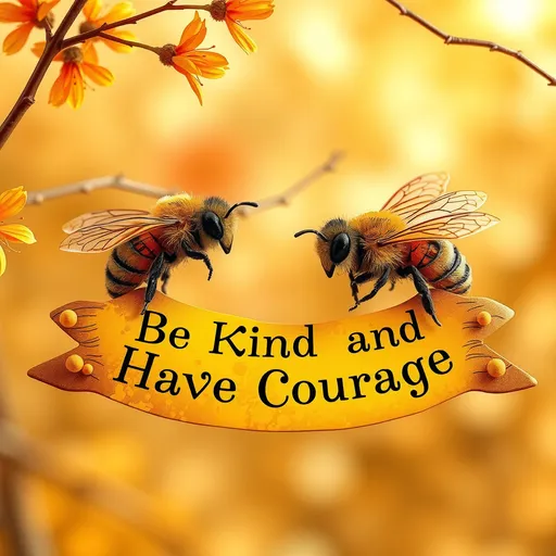 Prompt: fantasy style, (two Honey bees at each end of a banner that reads),(accurately spelled text "Bee Kind and Have Courage"), warm color scheme, vibrant hues of orange and gold, whimsical springtime  atmosphere, cozy and enchanting vibe, intricate details in design, magical aura, high quality, ultra-detailed, captivating and inviting presentation.