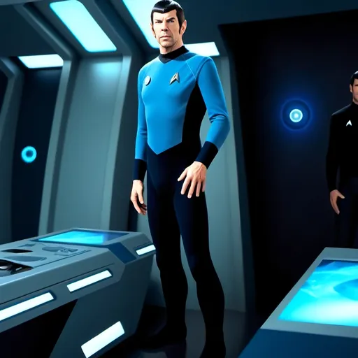 Prompt: (futuristic-sci-fi style), Spock with goatee), cool color scheme, vibrant blues and metallic silvers, high-tech backgrounds with glowing circuits, dramatic and cinematic lighting, highlighting their expressions, intricate details on outfits, ultra-detailed character design, atmospheric mood evoking exploration and adventure, striking visuals reminiscent of classic sci-fi themes.