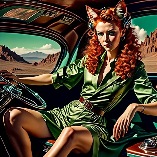 Prompt: <mymodel> Full body view of Rugged Man with cat ears in 1940's futuristic Automobile Advertisement, matching cat ears to hair color, extremely detailed, intricate clothing, high quality, intricate, futuristic-retro futurism, historical, detailed hair, detailed spaceship in background