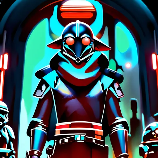 Prompt: anime style, (dark color scheme), outlaw characters from Star Wars, unique poses, rebellious vibes, high-contrast shadows, moody atmosphere, intricate details in character design, dynamic expressions, depth in lighting, (vibrant highlights), ultra-detailed artwork, dramatic ambiance, sci-fi elements, thematic background reflecting a galactic setting.