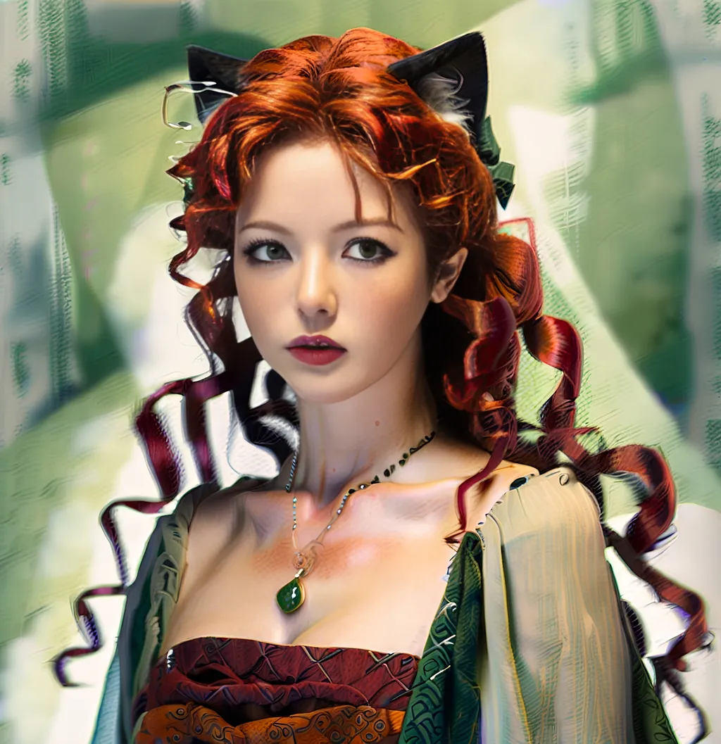 Prompt: Japanese illustration of a middle aged Celtic woman with cat ears and tail lips parted, long red curly hair, long flowing dress, detailed green eyes,  delicate, beautiful, artistic, diffused lighting, detailed Scottish background