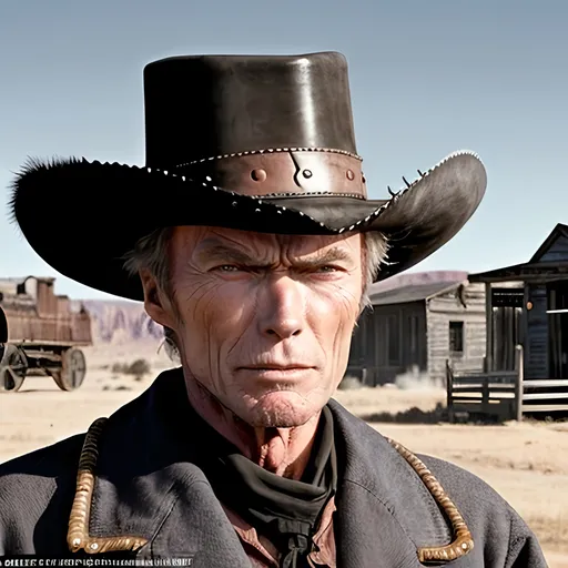 Prompt: Clint Eastwood as Johnna Hex Scar Partial closing half of his mouth, 
Old West Scene, Gunfight at High Noon, Wild West Town, Train on the Horizon  