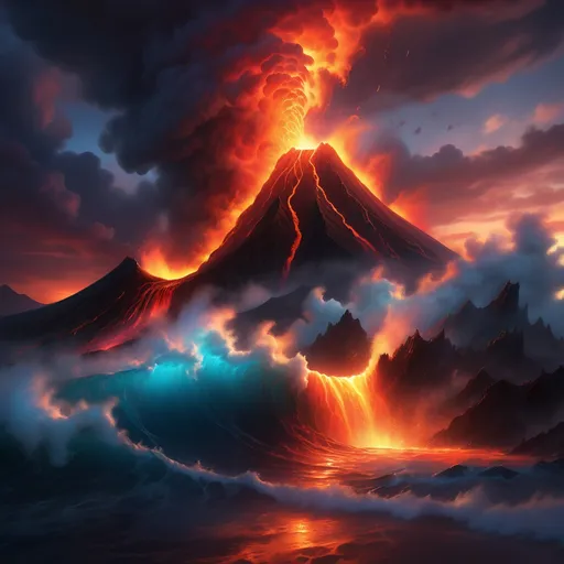 Prompt: photorealistic, (vibrant colors), molten lava, flowing from a volcano, meeting the ocean, spectacular collision, illuminating dark surroundings, steam rising, sunset sky with colorful hues, natural beauty, dynamic contrast, highly detailed textures, dramatic lighting, vivid reflections on water, high quality, ultra-detailed, stunning scenery.