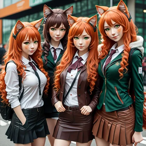 Prompt: <mymodel>4 people waiting for a bus stop, detailed skin texture, cat ears matching hair color, fashion editorial style, close-up, ads-quality, detailed eyes, professional, highres