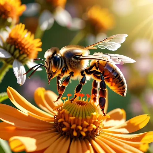 Prompt: Close up (Honey bee sipping nectar on a flower, all six legs visible), intricate wing details, nature, summer vibes, warm color scheme, photorealism, crisp focus, ultra-detailed, high-definition, 4K, vibrant colors, sunlight filtering through, blooming flowers in the background, tranquil atmosphere, vivid yellow, orange, and green tones, cinematic depth, breathtaking natural beauty.