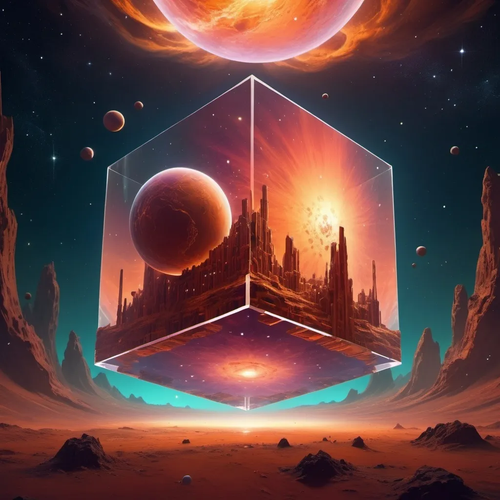 Prompt: surrealism style, (a clear cube-shaped planet factory) in space, warm color scheme, dreamlike atmosphere, ethereal lighting, imaginative designs, cosmic background with stars and nebulae, fluid shapes, whimsical architecture, intriguing structures floating, captivating visuals, high detail, 4K resolution, ultra-detailed features that inspire wonder and curiosity.