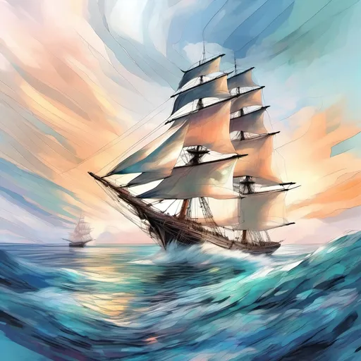 Prompt: oil painting, natural color scheme, (three masted sailing ship body made out of glass), (traveling swiftly) on a (realistic ocean), (sails full of wind), (dolphins breaching) in front of the bow, serene atmosphere, nature-inspired, fluid and dynamic scene, delicate brush strokes, soft light filtering through, emphasizing tranquility and adventure, ultra-detailed, high-definition.