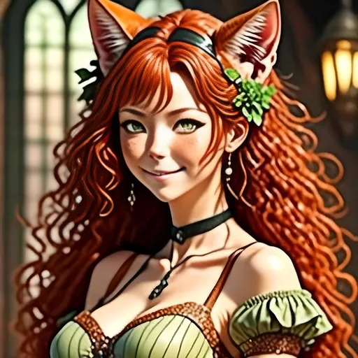 Prompt: <mymodel> Anime-style image of an older cat-eared woman), back facing camera (red hair), (detailed eyes), (alluring pose), looking back  laughing, (bright lighting), warm color scheme, (high resolution), (sensual), (detailed hair), fantasy elements, mesmerizing, captivating atmosphere, ultra-detailed, whimsical background, enchanting ambiance.