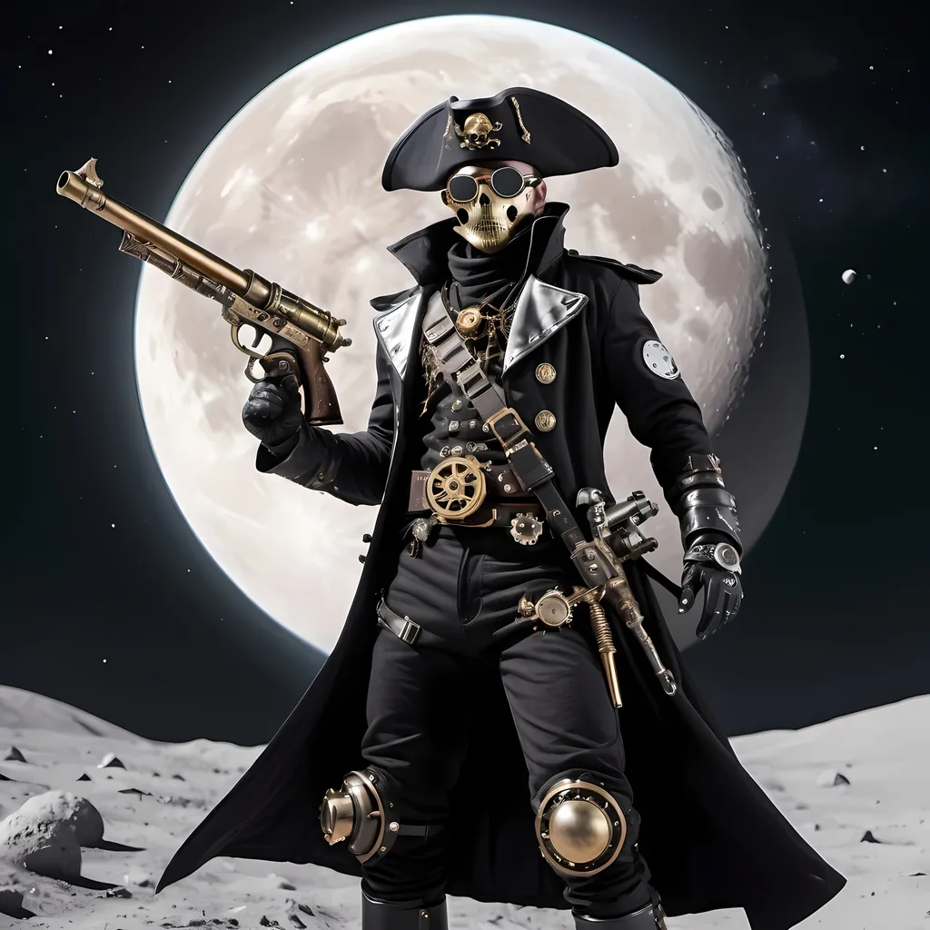 Prompt: Space Pirate in Black space suite  on Moon wielding a sword and steampunk flintlock pistol.