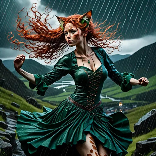 Prompt: <mymodel> highly detailed young woman dancing in the Scottish highlands during a rain storm
 
