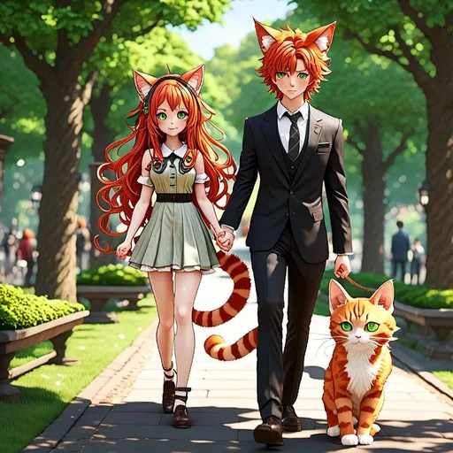 Prompt: <mymodel>Highly Detailed, couple walking hand in hand in park, detailed skin texture, cat ears matching hair color, detailed eyes, professional, highres