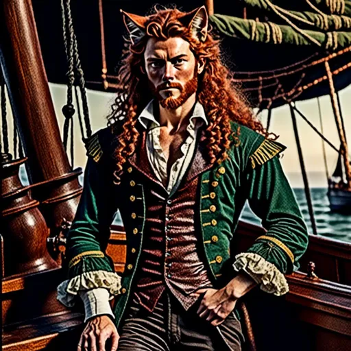 Prompt: <mymodel> Full body view of Rugged Man with human face and cat ears in 1600's Schooner Advertisement, matching cat ears to hair color, extremely detailed, intricate clothing, high quality, intricate, historical, detailed hair, detailed ship in background