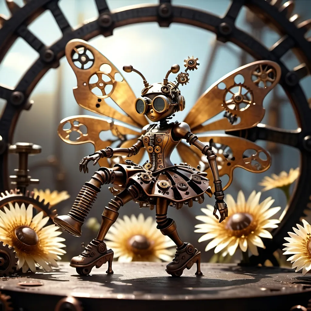 Prompt: (Metallic Steampunk Honey walking on a Cog flowers, all six legs visible), dark steampunk artstyle,  HD, 4K, crisp focus, atmospheric, intricate floral background with steampunk elements, metallic textures, gears and cogs intertwined with nature, soft sunlight filtering through, cinematic lighting, dramatic shadows, immersive and captivating scene.