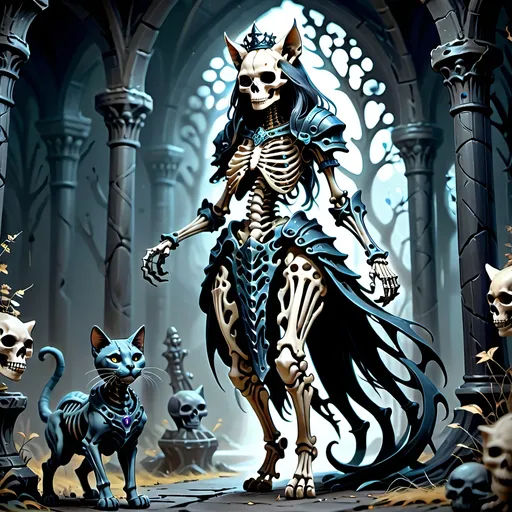 Prompt: skeletal bone Queen, dark color scheme, (fantasy RPG style), mysterious atmosphere, eerie background, intricate detailed armor, feline features woven into the design, dynamic pose, shadows and highlights emphasizing depth, high-adrenaline scene, (4K), ultra-detailed, magical aura surrounding the character, enchanting yet ominous vignette, dramatic composition.