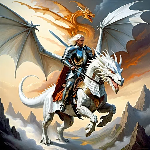 Prompt: Dragon rider Chivalric Knight in realistic oil painting, flying through the sky, majestic white dragon with vibrant white scales and fur, white ethereal wings, flowing white hair, fierce expression, mythical landscapes, high fantasy, oil painting, vibrant colors, epic scale, detailed armor, stunning face, atmospheric lighting, professional, highres, fantasy, oil painting, dragon rider, Chivalric Knight , flying, majestic, Dragon's face is bearded, ethereal, fierce expression, pale colors, high fantasy