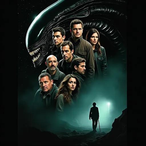 Prompt: Alien the movie, poster featuring the cast and  of the movie, the Nostromo spaceship in the background and the Alien creature hiding in the shadows