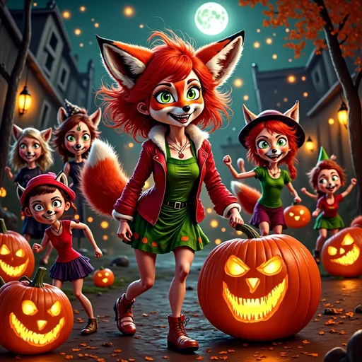 Prompt: (realism style) Red Foxy character, dressed for Halloween, surrounded by (excited neighborhood kids) joyfully trick-or-treating, (festive costumes), glowing jack-o’-lanterns, (spooky atmosphere), (moonlit night sky), (autumn leaves) creating an enchanting scene, (playful expressions), (high quality), (ultra-detailed), vibrant colors, warm lighting, engaging and cheerful vibe, evoking the thrill of Halloween festivities.