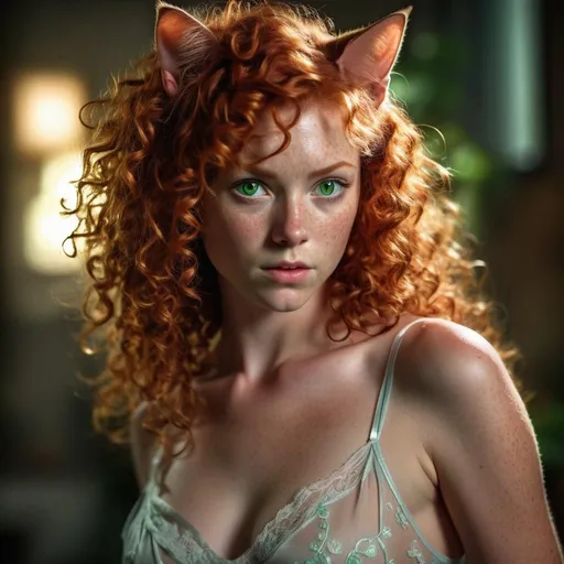 Prompt: full bodied woman, detailed curly red haired, wearing a sheer nightie, realistic pose, cat eared head, well endowed, glistening with sweat, natural lighting, highres, eager intense gaze, green detailed eyes, professional, dramatic lighting, dark tones, anime pose, <mymodel>