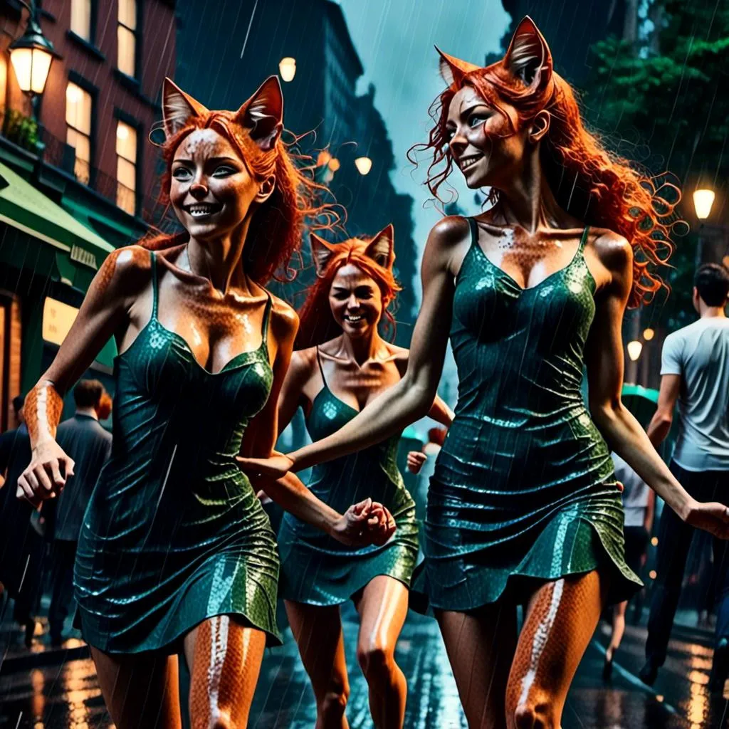 Prompt: <mymodel> women dancing on a city street in the rain with friends, detailed human facial anatomy, detailed background, natural lighting, highres, professional
