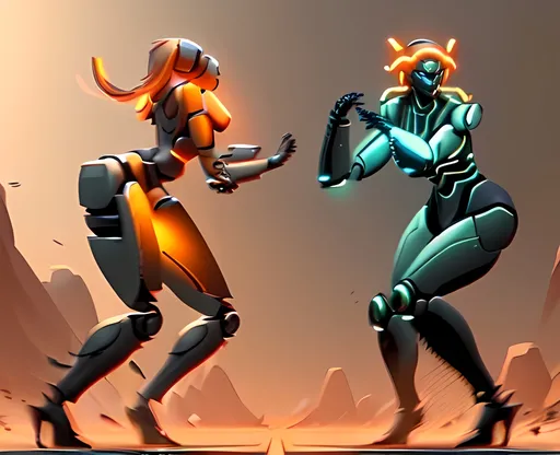 Prompt: photorealistic, (futuristic-sci-fi style), (warm color scheme), dynamic scene of the female Robot versus the female robot, (highly detailed), intense action, vibrant lighting, immersive sci-fi ambiance, dramatic shadows, intricate mechanical features, metallic textures, highly defined characters in combat, cinematic composition, 4K quality, fast-paced tension.