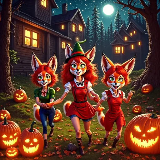 Prompt: (realism style) Red Foxy character, dressed for Halloween, surrounded by (excited neighborhood kids) joyfully trick-or-treating, (festive costumes), glowing jack-o’-lanterns, (spooky atmosphere), (moonlit night sky), (autumn leaves) creating an enchanting scene, (playful expressions), (high quality), (ultra-detailed), vibrant colors, warm lighting, engaging and cheerful vibe, evoking the thrill of Halloween festivities.