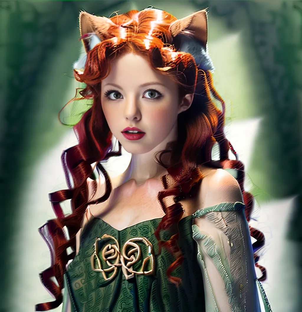 Prompt: Japanese illustration of a Celtic woman with cat ears and tail lips parted, long red curly hair, long flowing dress, detailed green eyes,  delicate, beautiful, artistic, diffused lighting, detailed Scottish background