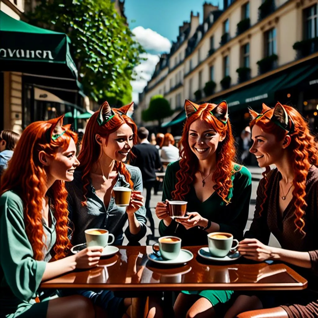 Prompt: <mymodel> 3 women having coffee in Paris on a city street with friends, detailed human facial anatomy, detailed background, natural lighting, highres, professional
