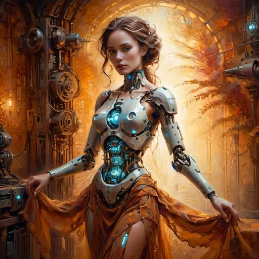 Prompt: (Robotic Cybernetic Woman), fantasy style, ethereal gossamer dress, (dramatic lighting), warm color scheme, (radiant light) illuminating silhouette, soft glow effect, enchanting ambiance, intricate mechanical details, serene expression, flowing fabric textures, surreal background, high depth, 4K quality, captivating atmosphere, cinematic and otherworldly vibes.