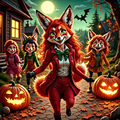 Prompt: Red Foxy character, dressed for Halloween, surrounded by excited neighborhood kids, joyfully trick-or-treating, festive costumes, glowing jack-o’-lanterns, spooky atmosphere, moonlit night sky, autumn leaves, playful expressions, high quality, ultra-detailed, engaging and cheerful vibe.