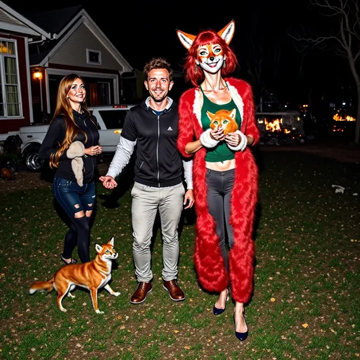 Prompt: Red Foxy on Halloween night trick or treating with neighborhood kids