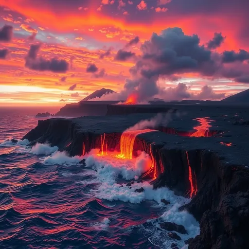 Prompt: photorealistic, (vibrant colors), molten lava, flowing from a volcano, meeting the ocean, spectacular collision, illuminating dark surroundings, steam rising, sunset sky with colorful hues, natural beauty, dynamic contrast, highly detailed textures, dramatic lighting, vivid reflections on water, high quality, ultra-detailed, stunning scenery.