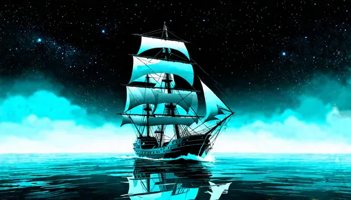 Prompt: (retro-futurism), (three masted sailing ship clear body), (traveling swiftly) across a (an ocean of stars), (sails full of wind), serene and tranquil atmosphere, (cool color scheme with shades of blue and teal), , vibrant reflections, ultra-detailed, cinematic lighting, creating a dreamlike scene that captivates the viewer.