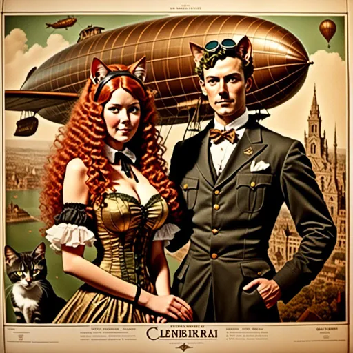 Prompt: <mymodel>high quality vintage lithograph, Full body view of Couple  with human faces and goggles, cat ears, Dirigible Advertisement, matching cat ears to hair color, extremely detailed, intricate clothing, intricate, historical, detailed hair, detailed Blimp in background,  detailed eyes, atmospheric lighting, vintage sepia tones