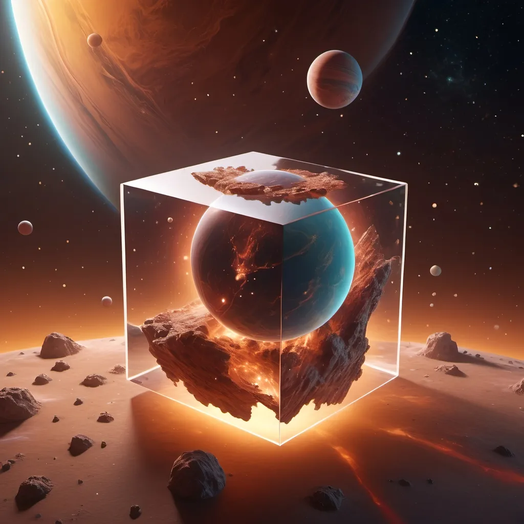 Prompt: photorealistic style, (a clear cube-shaped planet factory) in space, warm color scheme, dreamlike atmosphere, ethereal lighting, imaginative designs, cosmic background with stars and nebulae, fluid shapes, whimsical architecture, intriguing structures floating, captivating visuals, high detail, 4K resolution, ultra-detailed features that inspire wonder and curiosity.