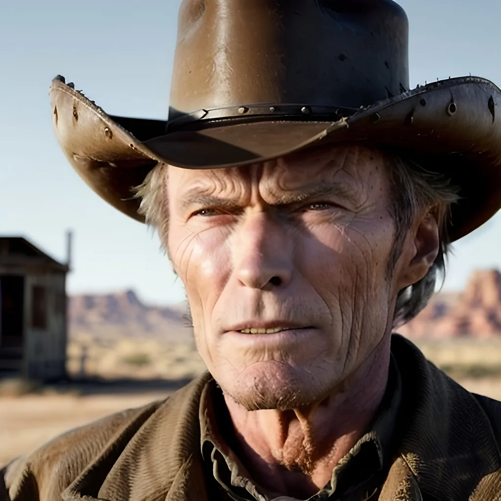 Prompt: Clint Eastwood as Johnna Hex Scar Partial closing half of his mouth, 
Old West Scene, Gunfight at High Noon, Wild West Town, Train on the Horizon  