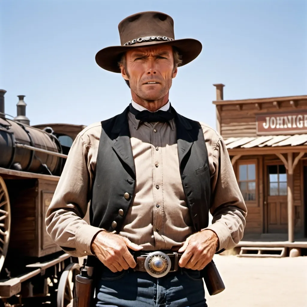 Prompt: Clint Eastwood as Johnna Hex
Old West Scene, Gunfight at High Noon, Wild West Town, Train on the Horizon  