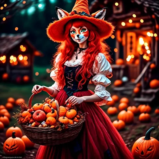 Prompt: <mymodel>(mymodel) Red Foxy Dressed as a Witch, anime style, (pastel color scheme), enchanting scene, whimsical atmosphere, offering a giant basket of candy corns and candy corn pumpkins, joyful children excitedly reaching for treats, magical twilight background, soft lighting, dreamy vibe, ultra-detailed, vibrant candy colors, full of charm and delight.