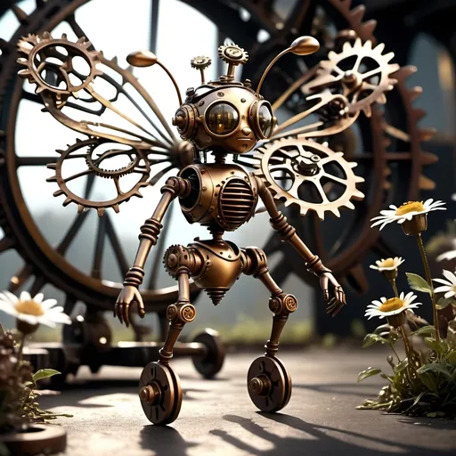 Prompt: (Metallic Steampunk Honey walking on a Cog flowers, all six legs visible), dark steampunk artstyle,  HD, 4K, crisp focus, atmospheric, intricate floral background with steampunk elements, metallic textures, gears and cogs intertwined with nature, soft sunlight filtering through, cinematic lighting, dramatic shadows, immersive and captivating scene.