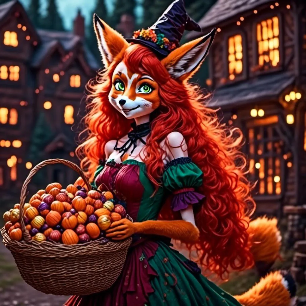 Prompt: <mymodel> Red Foxy Dressed a a witch offering a giant basket of candy corns to trick or treaters