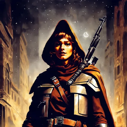 Prompt: (artstyle-renaissance), Star Wars outlaw Kay Vess, dark color scheme, rich and muted tones, dramatic chiaroscuro lighting, intense facial expression, wearing a weathered space jacket, intricate details on clothing, gripping a blaster, moody and atmospheric background, hints of a distant starry night sky, highly detailed, ultrarealistic texturing, captivating composition, capturing the essence of a legendary rogue.