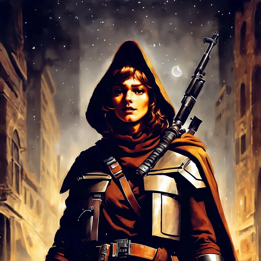 Prompt: (artstyle-renaissance), Star Wars outlaw Kay Vess, dark color scheme, rich and muted tones, dramatic chiaroscuro lighting, intense facial expression, wearing a weathered space jacket, intricate details on clothing, gripping a blaster, moody and atmospheric background, hints of a distant starry night sky, highly detailed, ultrarealistic texturing, captivating composition, capturing the essence of a legendary rogue.