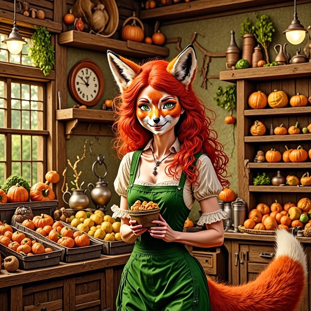 Prompt: (fantasy style), woman shopping at a lavish store, surrounded by colorful Thanksgiving food, delicate pastel color scheme, intricate details, ornate decorations, whimsical ambiance, cozy atmosphere, soft lighting, high-quality and ultra-detailed, seasonal produce, warm and inviting scene capturing the spirit of Thanksgiving.