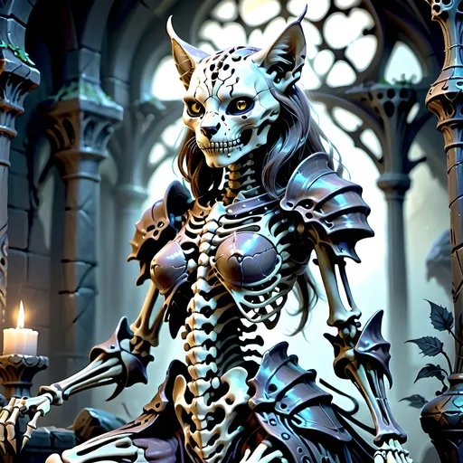 Prompt: skeletal bone Queen, dark color scheme, (fantasy RPG style), mysterious atmosphere, eerie background, intricate detailed armor, feline features woven into the design, dynamic pose, shadows and highlights emphasizing depth, high-adrenaline scene, (4K), ultra-detailed, magical aura surrounding the character, enchanting yet ominous vignette, dramatic composition.