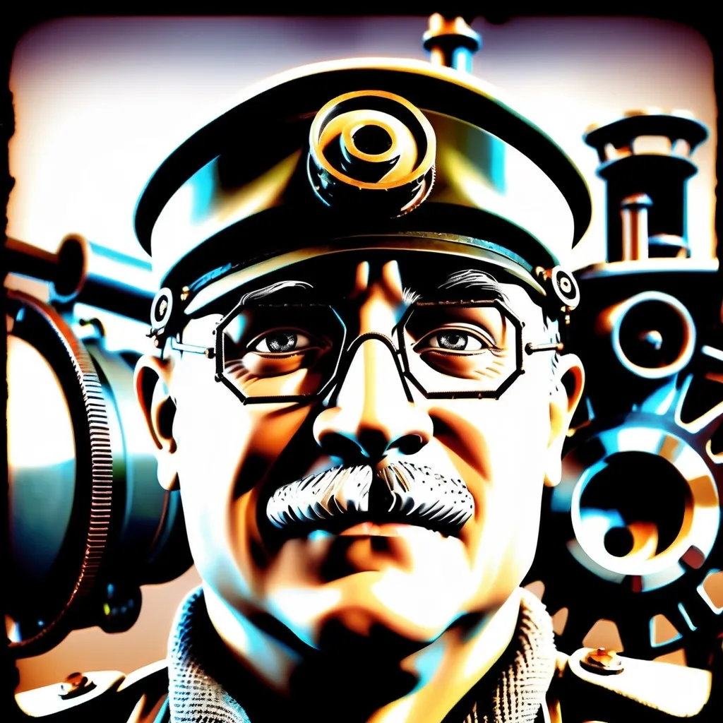 Prompt: (Humorous portrait), steampunk style, caricature drawing, black and white scheme, detailed facial features, expressive eyes, exaggerated pleasant smile, vintage military attire, quirky accessories, Iron gears and machinery in the background, cozy ambiance, ultra-detailed, engaging composition that blends humor and artistry, creating a captivating visual narrative.